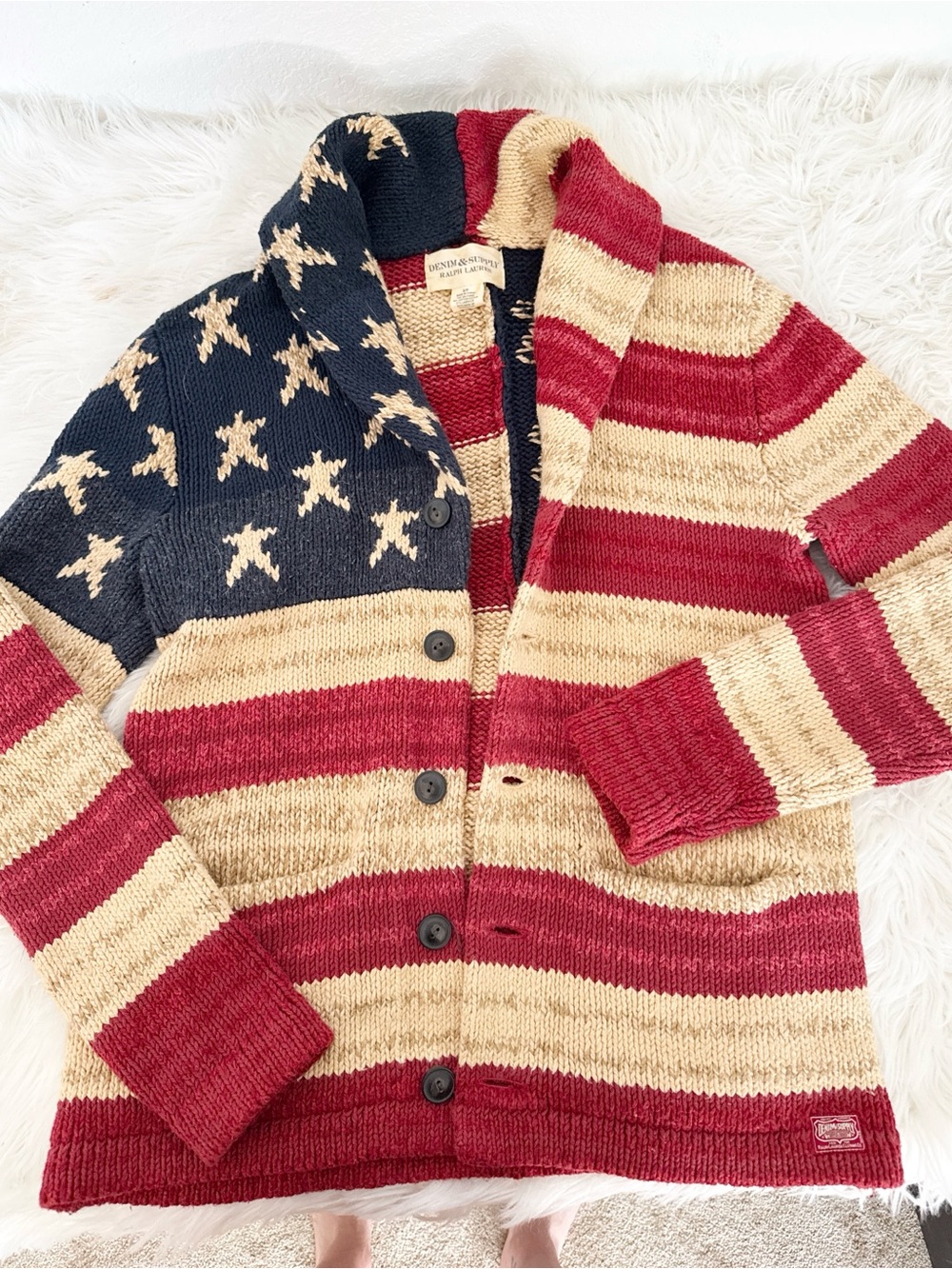Ralph Lauren Red, Cream & Navy Americana Star Stripe Shawl Cardigan - Picture 1 of 5